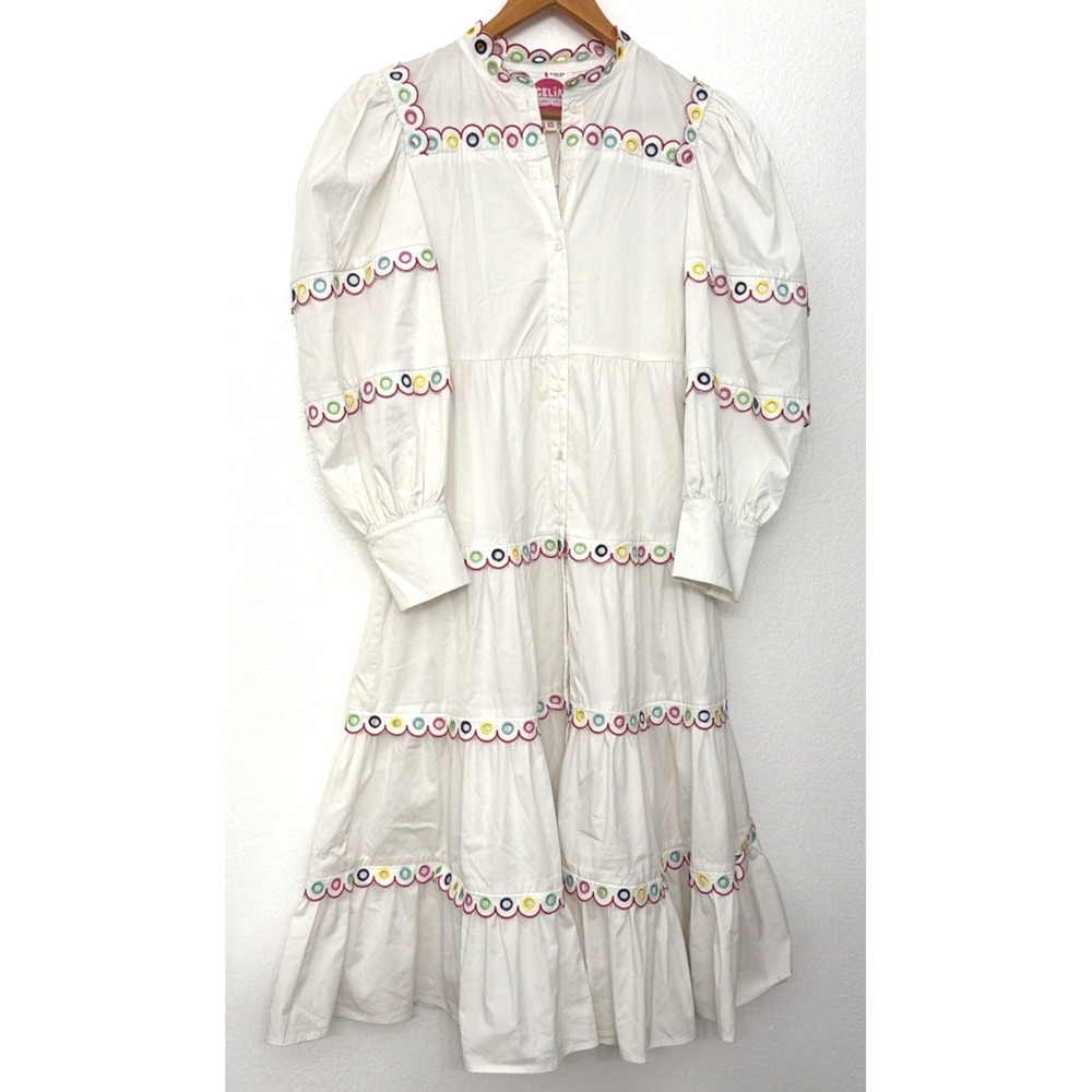 Celia B Dress Womens XS Bianca White Colorful Eyelet Trim Tiered Missing Belt